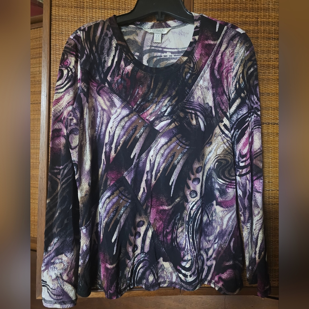 Conrad C Collection- Women's Long-Sleeve Abstract Print Top - Purple/Black